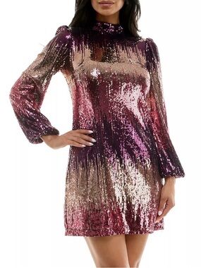 Women's Maison Tara Sequined Gradient Long Sleeve Mini Dress Size 12 Pink/Purple